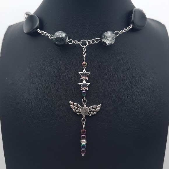 Handmade Jewelry - Winged Heart Star Black White Gray Rainbow Goth Choker Necklace Handmade Jewelry